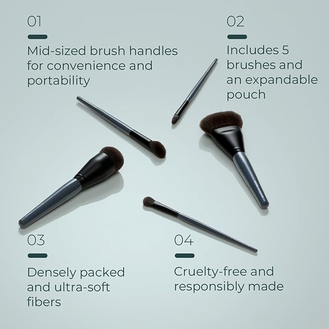 Rose and Ben Beauty Essential Travel 5 Piece Brush Set | Professional Blending Brush for Liquid & Cream Makeup | Cruelty Free