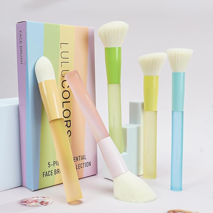 5-Piece Essential Face Makeup Brush Set – Soft, Cruelty-Free Synthetic Bristles with Comfort Rubberized Handles, Multi-Color Pastel Design – Makeup Brushes for Powder, Blush, and Contour