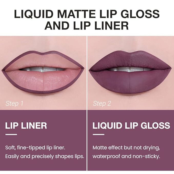 AMY'S DIARY 2pcs Purple Lip Liner & Lipstick Makeup Set, Liquid Lipstick 24H and Lip Liner Set Matt Liquid Lips Make Up Waterproof Long Lasting (06#, 2 Pcs Set)