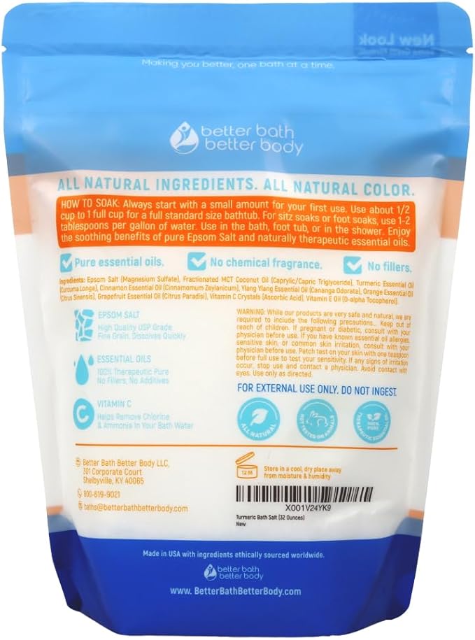 Turmeric Bath Salt 32 Oz Epsom Salt with Essential Oils Turmeric, Cinnamon, Orange Plus Vitamin C in BPA-Free Pouch with Easy Press-Lock Zipper | Natural Bath Soak to Relieve & Soothe | Made in USA