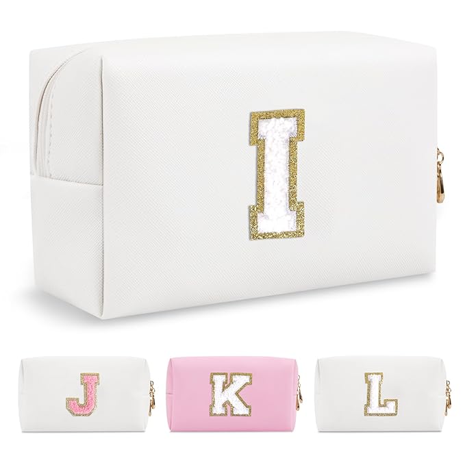 Small Personalized Initial A-Z Preppy Patch Makeup Bag,White PU Chenille Letter Travel Cosmetic Pouch with Zipper,Cute Toiletry Bag,Gift Ideal for Teen Girls Women Teacher Bridesmaid,Letter I