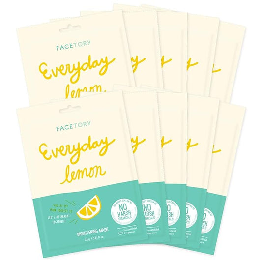 FACETORY K Beauty Face Mask Skin Care - Everyday LEMON Brightening Sheet Mask | Plant-Based with Lemon Extract (10 Pack)