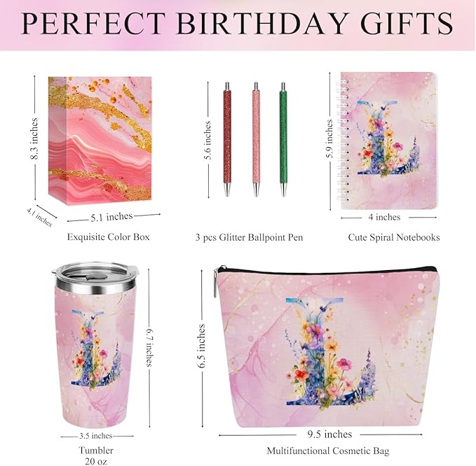 Personalized Gifts Monogrammed Birthday Gifts for Women, Mama New Mom Thanksgiving Wedding Christmas Initial 20 oz Tumbler, Makeup Bag Cup Pens Journal Notebook 6 Set, (Aesthetic Pink Flower L)