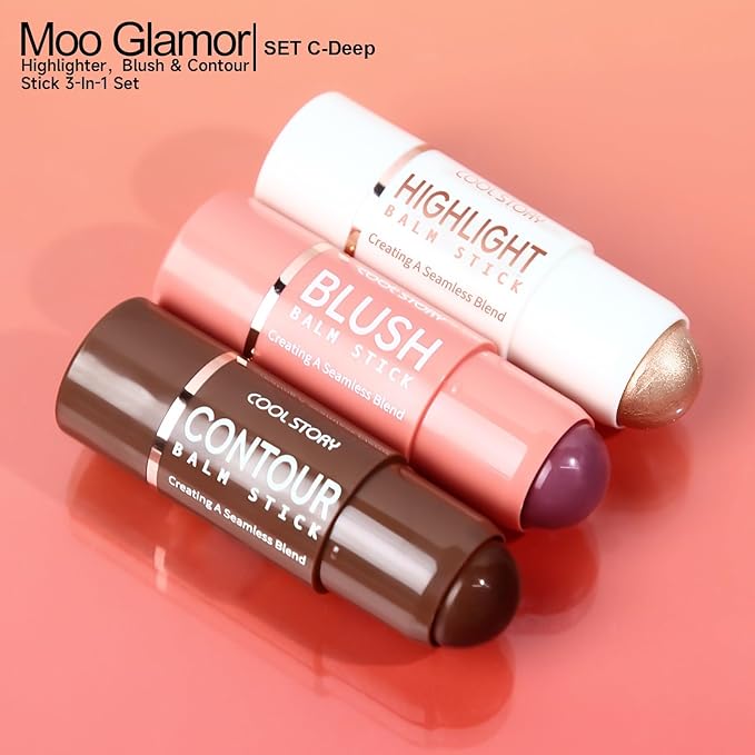 3-in-1 Highlighter,Blush and Contour Sticks Trio with Highlighter Stick Contour Stick and Blush Stick for Cheeks and Face Makeup (Set C Deep)