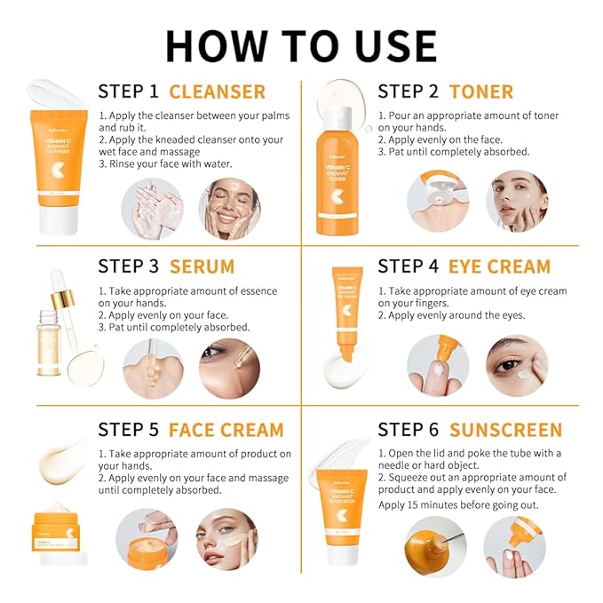 6PCS Hydrating Skin Care Set with Vitamin C,Face Care Kit Includes Serum,Face Cream,Eye Cream,Toner,Sunscreen,Cleanser,Face Care Set for Women,Unique Gift