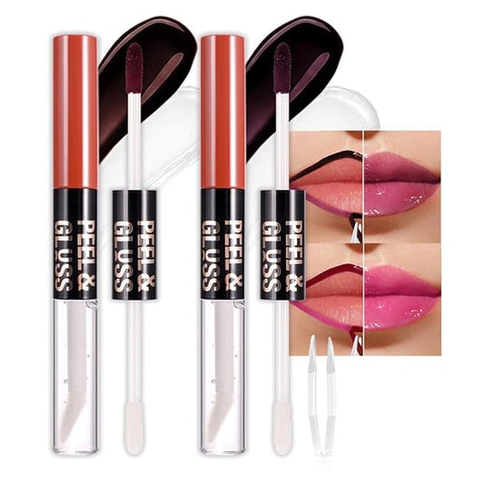 2Pcs Peel off Lip Stain Lip Oil Dual Ended Combo Set with Tweezer, 2 in 1 Hot Pink & Berry Purple Lips Liner Stain Oil Long Lasting Waterproof, High Pigmented Flawless Lips Tint Stick Not Faded
