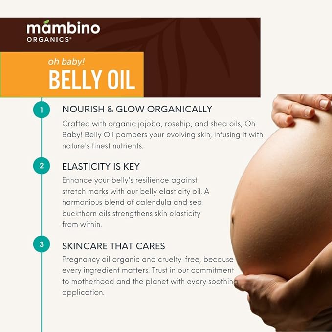 Mambino Organics Oh Baby! Belly Oil for Pregnant Women, Organic Stretch Mark Oil for Pregnancy, Postpartum Skin Elasticity, Hydration, Tamanu, Shea Butter, Calendula, Vegan, Non-GMO, 2 fl oz, 2-Pack