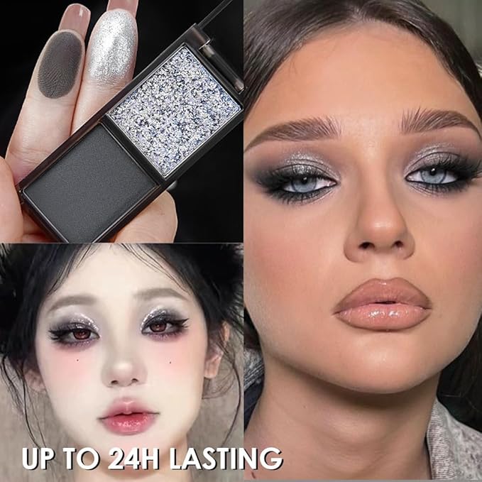 Gray Black Two Color Matte Shimmer Glitter Eyeshadow,Bright Eye Shadow Powder,Professional Long-Lasting Waterproof Makeup Palette,Blendable,Easy-To-Apply and Compact for Travel