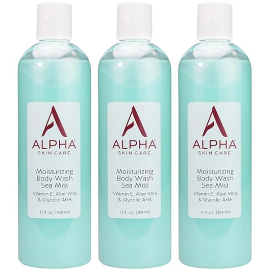 Alpha Skin Care Moisturizing Body Wash, Gentle Soap-Free Anti-Aging Formula, Glycolic AHA, Vitamin E & Aloe Vera, Conditions & Soothes, All Skin Types Hydroxy Acid, 12 Oz, Pack of 3
