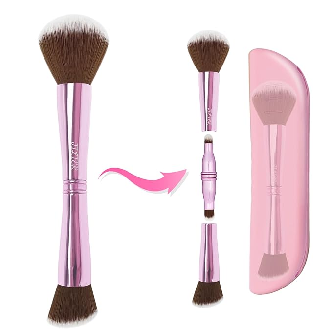 4 in 1 Makeup Brush Set, Travel Makeup Brushes with Case, Foundation Brush/Blush Brush, Eyeshadow Powder Brush,Concealer Brush (pink-silicon brush holder)