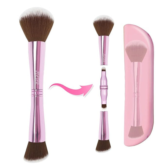 4 in 1 Makeup Brush Set, Travel Makeup Brushes with Case, Foundation Brush/Blush Brush, Eyeshadow Powder Brush,Concealer Brush (pink-silicon brush holder)