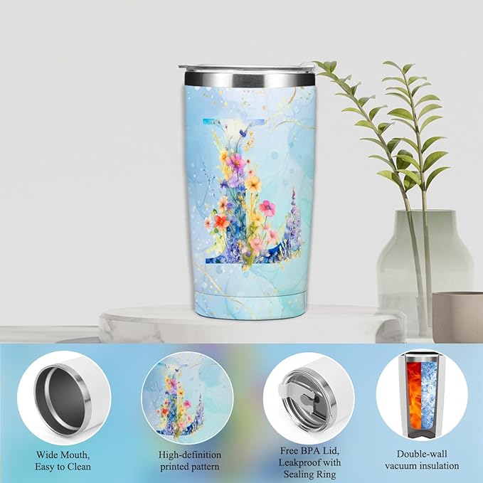 Personalized Gifts Monogrammed Birthday Gifts for Women, Mama New Mom Thanksgiving Wedding Christmas Initial 20 oz Tumbler, Makeup Bag Cup Pens Journal Notebook 6 Set, (Aesthetic Blue Flower L)