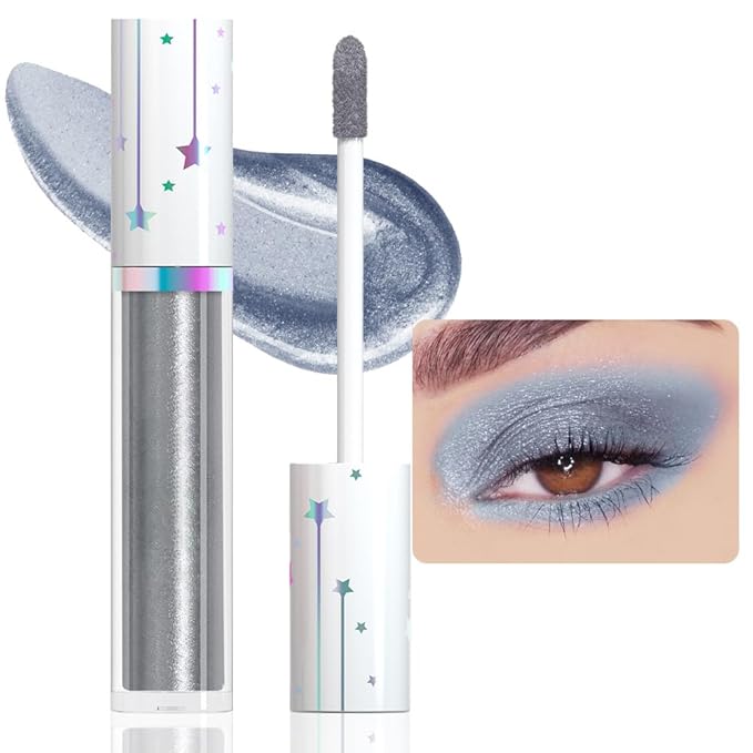 evpct Liquid Shimmery Glitter Eyeshadow Eyeliner, High Pigment Colored Metallic Eyeshadow Stick Eyeliner, Waterproof Long Lasting Sparkle Eye Makeup Set for Women, 10# Silver Grey
