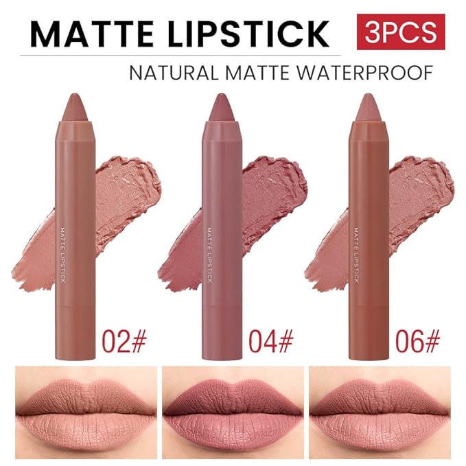 BINGBRUSH Crayon Matte Longwear Lipstick Pack Set,Moisture Smooth Color Stick Ultimate Lip Crayon for Makeup Collection - Waterproof Velvet Lipgloss (3pcs 02#&04#&06#, 3 Count (Pack of 1))