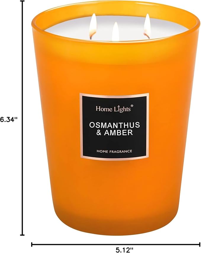 HomeLights Large Jar Candle-33.3 Oz. Natural Soy Aromatherapy Candle | Osmanthus Amber Scent | Up to 130 Hours Burn Time with 3 Cotton Wicks | Home Decorative Fragrance Candle Gift