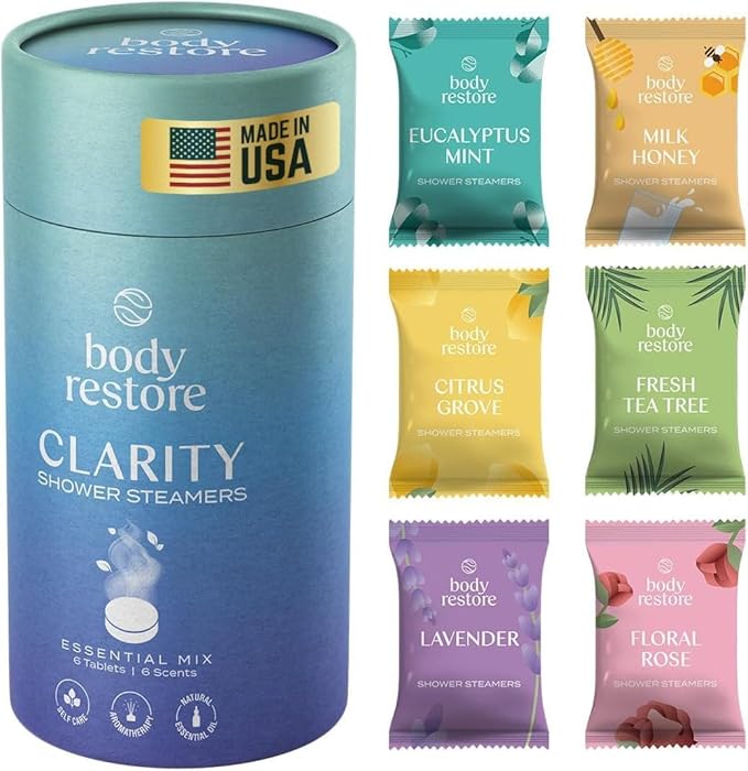 Body Restore Shower Steamers Aromatherapy 6 Pack - Birthday Gifts for Men, Women, Dad Gift, Stress Relief, Relaxation, Self Care - Clarity