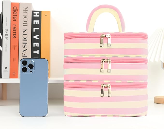 Three Layer Makeup Bag for Women Fashion Stripes Cosmetic Bag Preppy Style Travel Water-Resistant Toiletry Bag for Storage Toiletries Cosmetics Sets for Women Teen Girls Pink