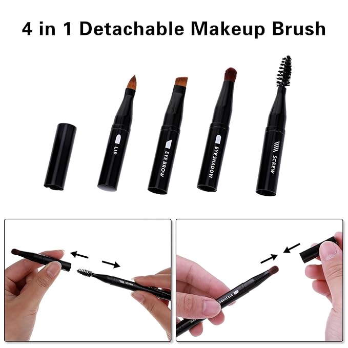 simarro 4 in 1 Makeup Brush Set, Portable Travel Size Make Up Brushes Detachable Eyeshadow Brush Eyebrow Brush Screw Brush Lip Brush for Foundation, Concealer, and Powder Liquid (Black)