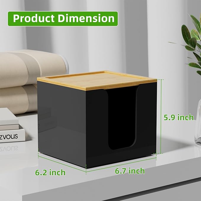 VITVITI Disposable Face Towel Holder Box, Acrylic Facial Towel Container for XL Clean Skin Club, Large Disposable Face Towels Storage with Bamboo Lid, for Bathroom, Vanity Makeup, Black