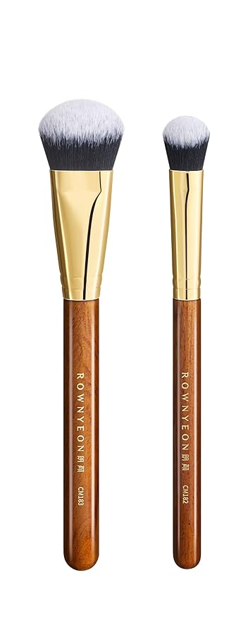 Desert Oak Series Cream Cheek Duo Brush Set - CM 182 Precision Highlighter & CM 183 Angled Blush Brush for Cream/Liquid Products, Bubinga Handle & Brass Ferrule