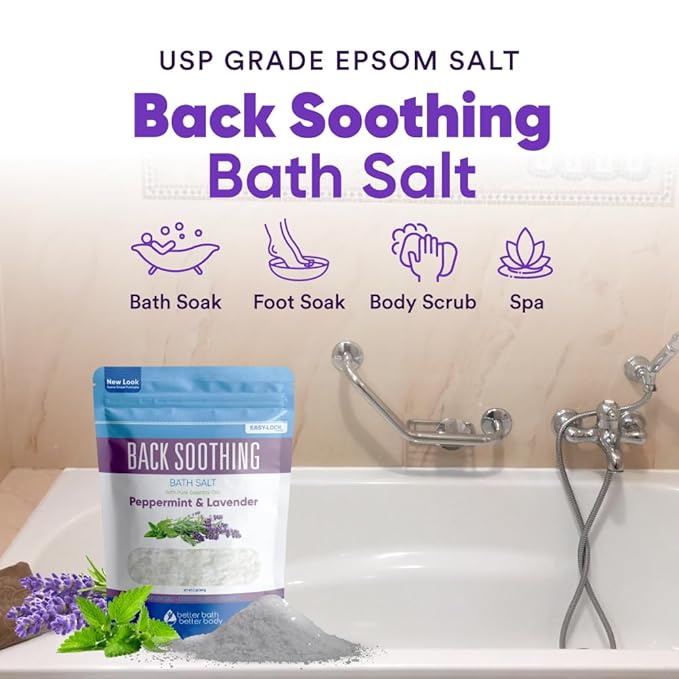 Back Soothing Bath Salt 32 Ounces Epsom Salt with Natural Bergamot, Lavender, Eucalyptus and Peppermint Essential Oils Plus Vitamin C in BPA Free Pouch with Easy Press-Lock Seal