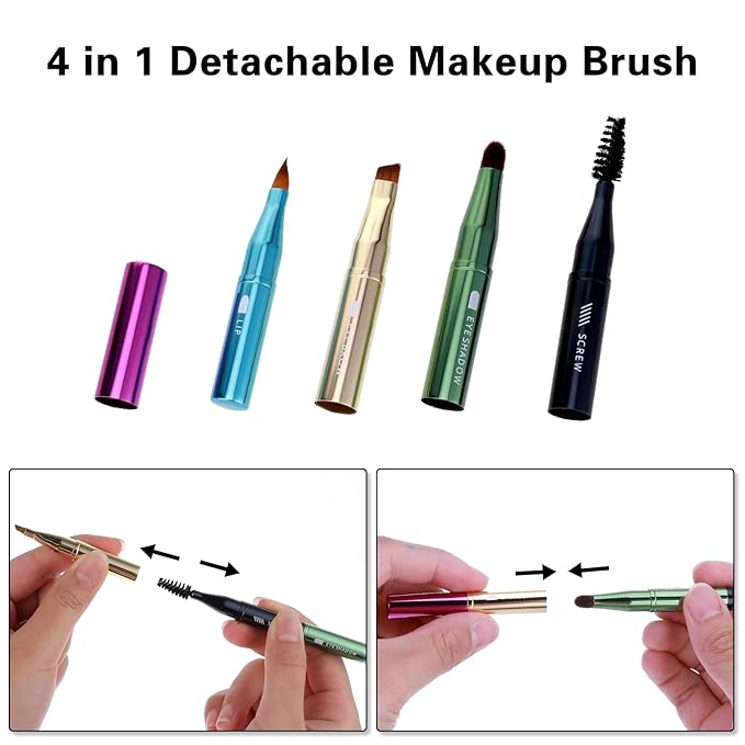 Simarro 4 in 1 Makeup Brush Set, Portable Travel Size Make Up Brushes - Detachable Eyeshadow, Eyebrow, Screw, Lip Brush for Foundation, Concealer, Powder Liquid (Multicolor)