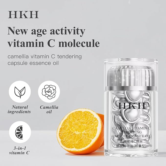HKH Triple Vitamin C Dark Spots Correction Capsules Serum For Face,Camellia VE Anti-Aging Essence For Women Camellia Niacinamide serum For Women To Tighten Sagging Skin And Reduce Fine Lines