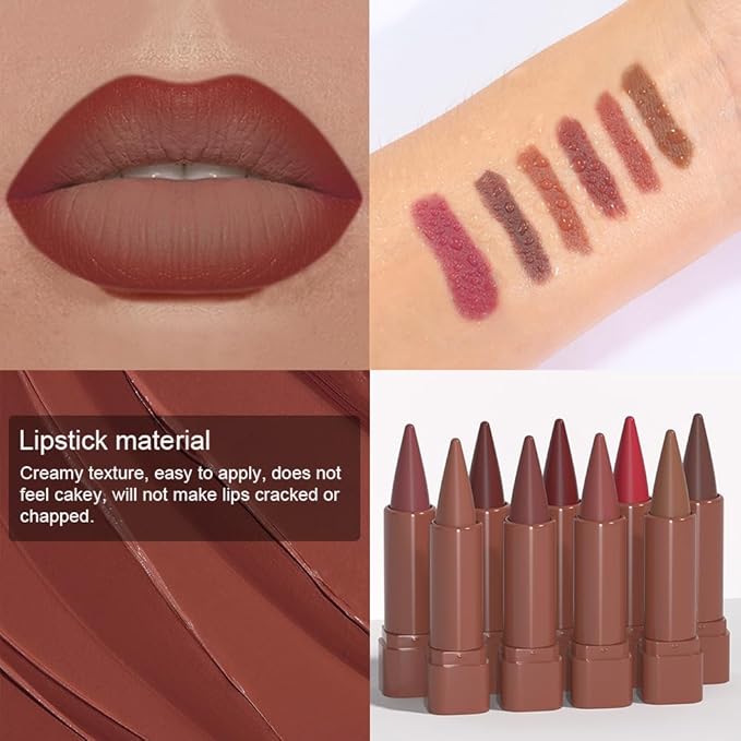 evpct 6Pcs Warm Red Brown Nude Maroon Dark Wine Gradient Matte Lipstick Lip Liner Crayon Combo Pencil Set for Women, Longwear Cream Lipliner and Lipstick Combo Makeup, Flawless Lip Bar Ombre Effect