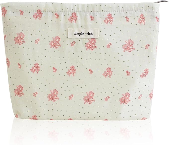 Wudygirl Cute Makeup Bag for Women - Travel Cosmetic Bag with Zipper Makeup Pouch Floral Make up Organizer Handbag Aesthetic (Pink Floral)