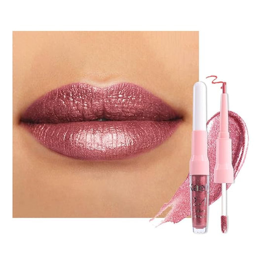 Kaely 2-in-1 Mauve Metallic Lipstick and Lip Liner, Shimmer Liquid Metallic Lipsticks for Women, Glitter Lip Gloss Stain Long Lasting Waterproof Smudge Proof 24 Hour, Vegan Makeup, 16