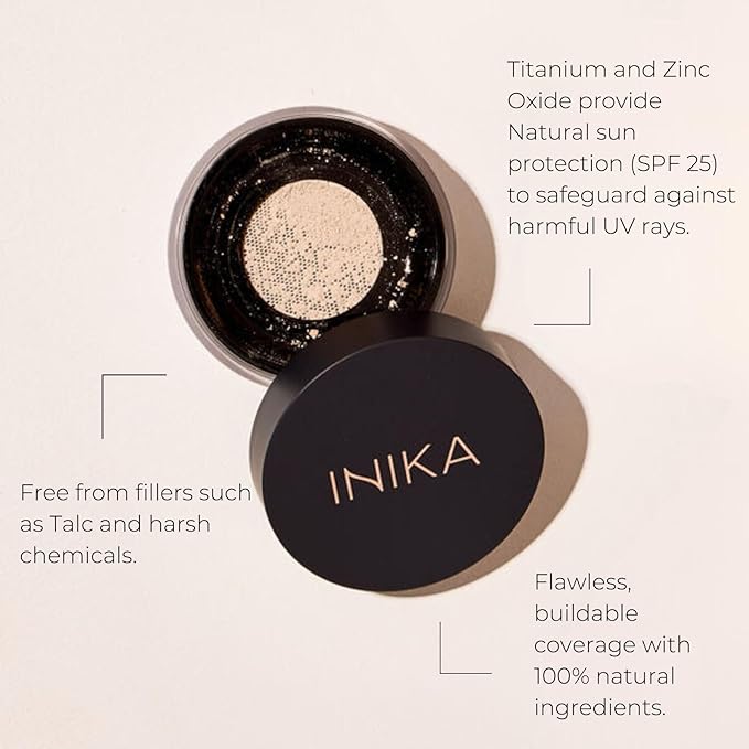 INIKA Organic Mineral Powder Foundation with SPF 25 - Vegan Makeup, Natural Looking, Buildable Coverage, Flawless Radiance & Glow, Blemish Coverage, Cruelty Free, Sustainable Packaging, Patience, 8g