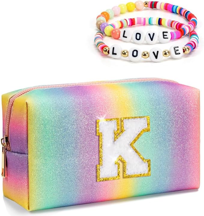 Gifts for 4 5 6 7 8 9 10 11 12 Years Old Girls, Monogrammed Travel Makeup Bag for Kid, Preppy Toiletry Bag, Skin Care Organization Stuff, Accessories Bag for Daughter Granddaughter (Large)