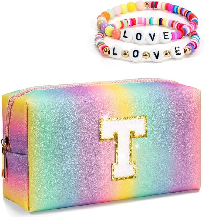 Initial Cosmetic Bag for Girls Kids Women, Preppy Makeup Bag with Zipper, Monogrammed Birthday Gifts for Preteens Teens, Cute Things for Daughter Granddaughter Friends Sister Neighbor (Medium)