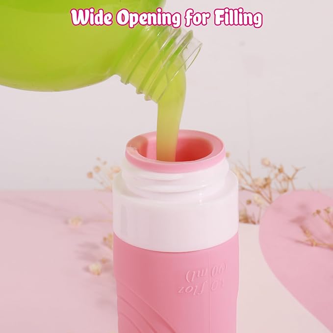 GLAMFIELDS TSA Approved Travel Bottles for Toiletries, 3oz Size Leak Proof Silicone Containers for Shampoo, Conditioner,Easy to Squeeze and Portable, Essentials for Traveling (4 Pack) Pink