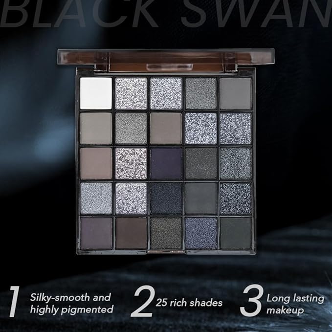 25-Color Black Matte & Shimmer Eyeshadow Palette – High Pigmented Silver Cool Smoky Pearlescent Dark Shades for Goth Makeup, No Fading, No Smudge, Long Lasting Waterproof
