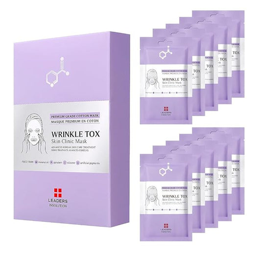 Leaders Insolution Wrinkle Tox Skin Clinic Mask | Adenosine-Infused Anti-Aging Facial Sheet for Fine Lines, Wrinkles, and Firmness | Premium Grade Cotton, Collagen Boosting (10 Sheets)