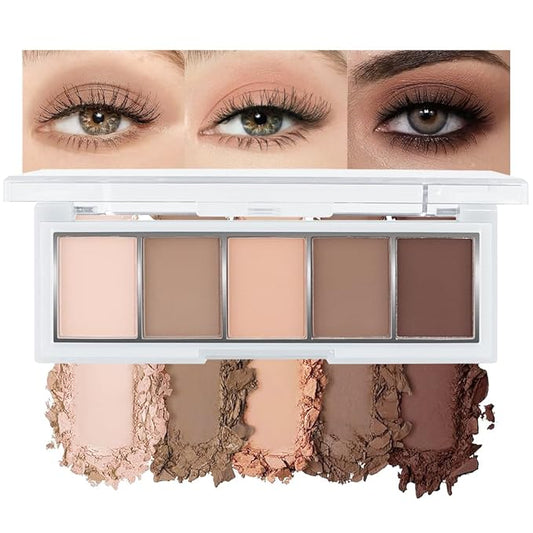 Nude Matte Eyeshadow Palette Makeup, 5 Cool Neutral Matte Shades – Off White, Beige, Light to Dark Brown – Velvety Finish Highly Pigmented Natural Neutral Eye Shadow Palette (01#, Pack of 1)