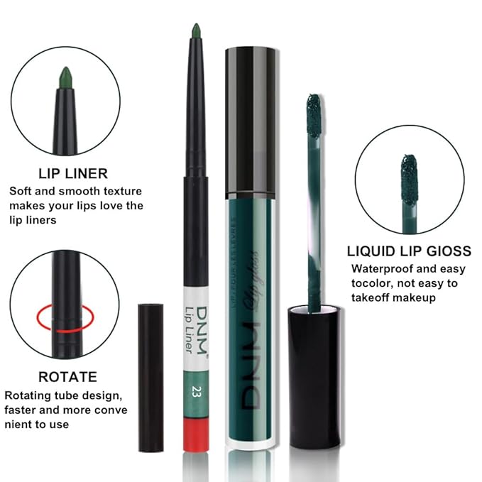 AMY'S DIARY 2Pcs Dark Green Matte Lip Liner and Lipstick Makeup Set, Green Lip Stain Lip Gloss Matt Liquid Lipstick 24H Long Lasting lapiz labiales mate 24 horas originales larga duracion