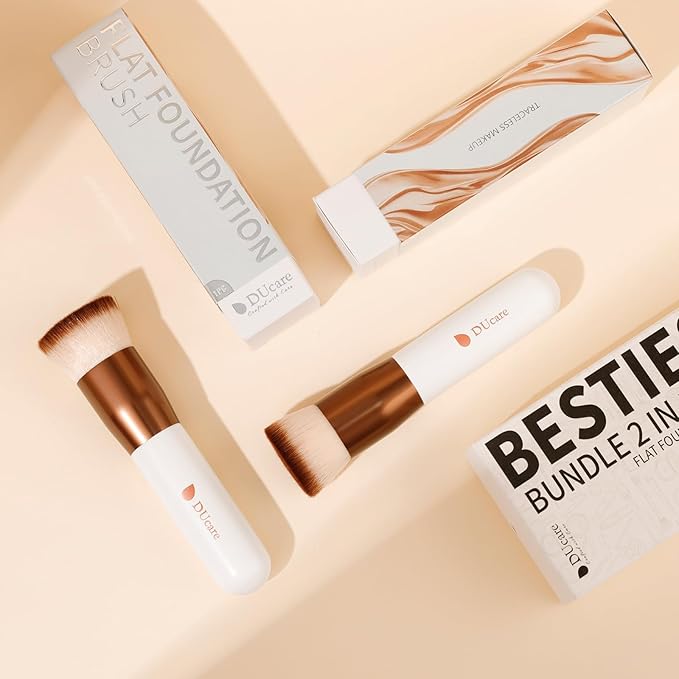 DUcare Foundation Brush 2pcs Flat Top Kabuki Self Tanner Brush Synthetic Professional Makeup Brush Liquid Blending Mineral Powder Buffing Stippling Makeup Tools