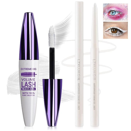 White Mascara and Eyeliner Set,5D Colored Volume and Length Waterproof,White Mascara for Eyelashes,Natural Lengthening Curling,Suitable for Women