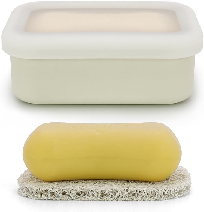 Compact Leakproof Travel Soap Case, Shatterproof Silicone Travel Soap Container with Draining Pad, Great for Outdoor, Camping, Gym (Off-White)