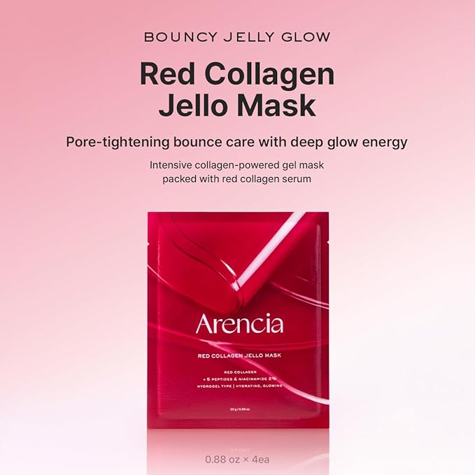 ARENCIA Red Collagen Jello Mask, Plump & Hydrating x 4ea, Overnight Hydrogel Mask for Dry, Mature Skin, Packed with Collagen, 5 Peptides, 2% Niacinamide