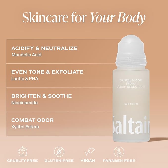 Saltair Serum Deodorant Santal Bloom 2 Pack. 5% AHA Formula. Lactic Acid and Mandelic Acid Deodorant. Aluminum Free Odor Control for Women and Men. Travel Essentials, 2x 1.7oz Roll On