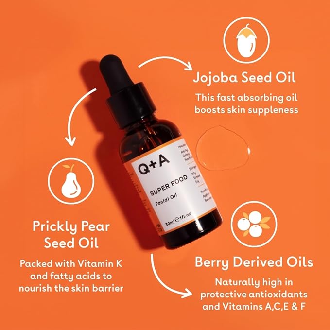 Q+A Super Food Facial Oil (30ml), Natural Vitamin-Rich Face Oil with Jojoba, Vitamin E Oil, Deeply Nourishes and Hydrates Dry, Sensitive, and Normal Skin, Boosts Skin Radiance and Glow