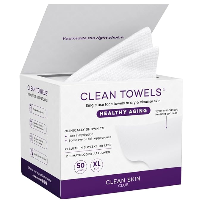 Clean Skin Club Healthy Aging Clean Towels® XL, Smooths Fine Lines Wrinkles & Texture in 6 weeks, Treated for Extra Softness, Disposable Face Towels, Anti Aging Makeup Remover Dry Wipe, 50 count
