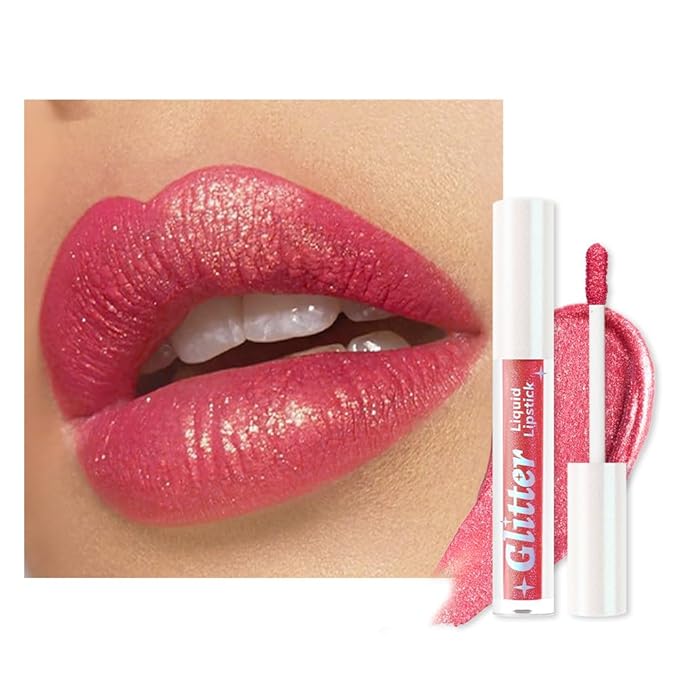 Rose Pink Metallic Lipstick for Women,Lightweight Glitter Sparkling Liquid Lipsticks,Shimmer Lip Gloss Stain Long Lasting Waterproof Smudge Proof Non-Drying 24 Hour Full Coverage Lip Makeup,Vegan
