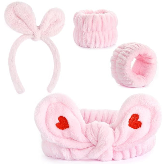 4Pack Headband and Wristband Set for Washing Face, Spa Skincare Makeup Headband, Soft Puffy Hair Band Bow Tie, for Women and Teen Girl Trendy Stuff Gifts