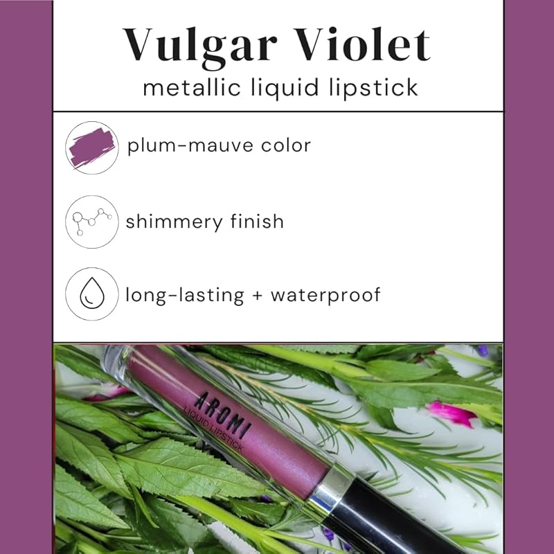 Aromi Plum Mauve Metallic Liquid Lipstick | Long-lasting, Purple Lip Color with Shimmery Finish, Waterproof, Vegan, Cruelty-free, Gluten and Paraben Free (Vulgar Violet)