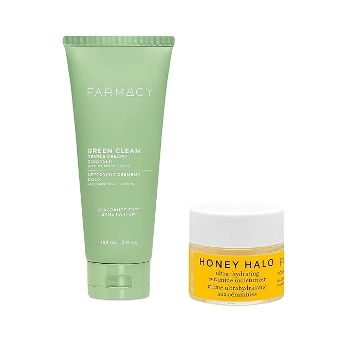 Farmacy Face Cleanser & Honey Halo Duo – Gentle Creamy Face Cleanser (5 fl oz), Honey Halo Ceramide Moisturizer (9ml) for Nourishing Makeup Removal & Deep Hydration