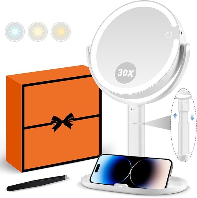 MIYADIVA Makeup Mirror with Lights, 30X Magnifying Mirror with Light and Touch Switch, Vanity Mirror with 3 Color Light and 80 LEDs, Height Adjustable Desk Mirror with Lights, White